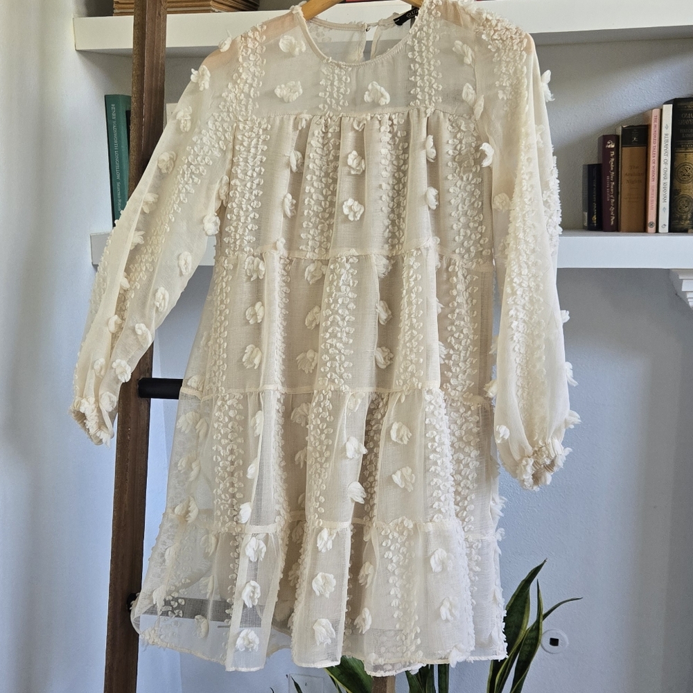 Cream Floral Embroidered Babydoll Style Dress QUZU collction